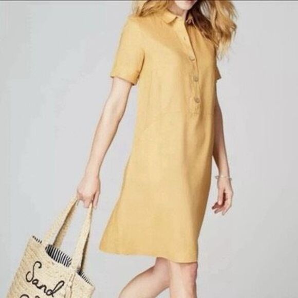 J. Jill Love Linen Shirt Dress Yellow 100% Linen Pockets Lagenlook Coastal size